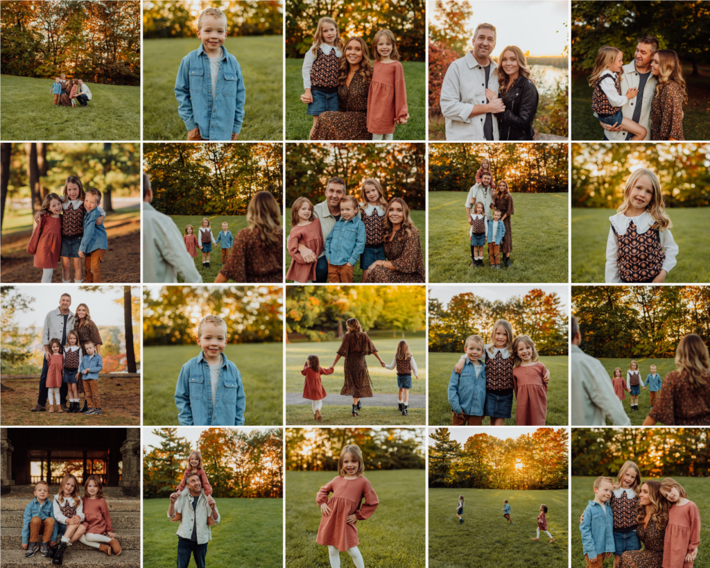 A collage of family photos taken during a family photo session in the fall at the Rockcliffe Park Pavillion in Ottawa