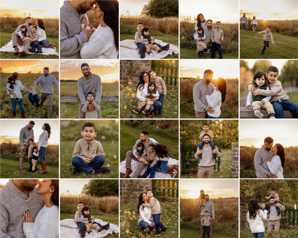 A collage of family photos taken during a family photo session in the fall at the Pinhey's Historic Point in Ottawa