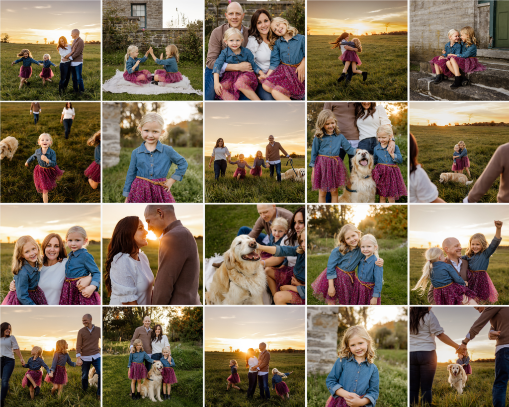 A collage of family photos taken during a family photo session in the fall at the Pinhey's Historic Point in Ottawa